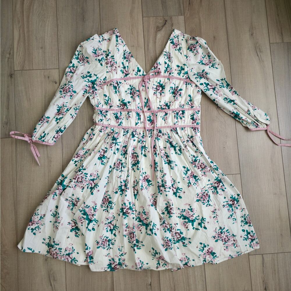 Stock Place The Label Floral 3/4 Sleeves V-Neck Fit Flare Dress Women Sz L - Picture 4 of 12